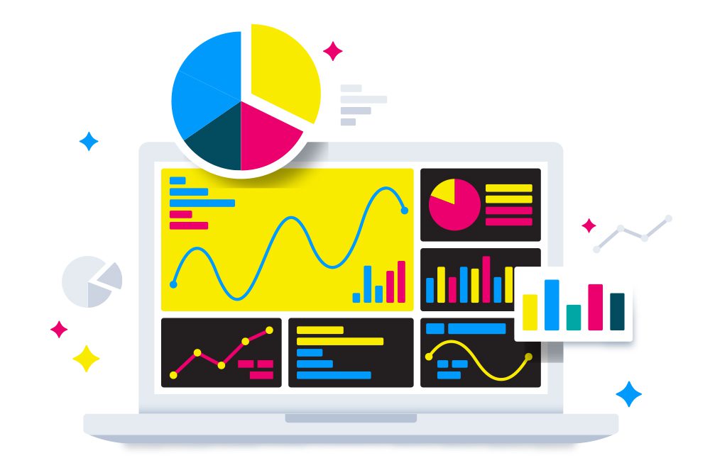 graphic of computer with graphs and charts